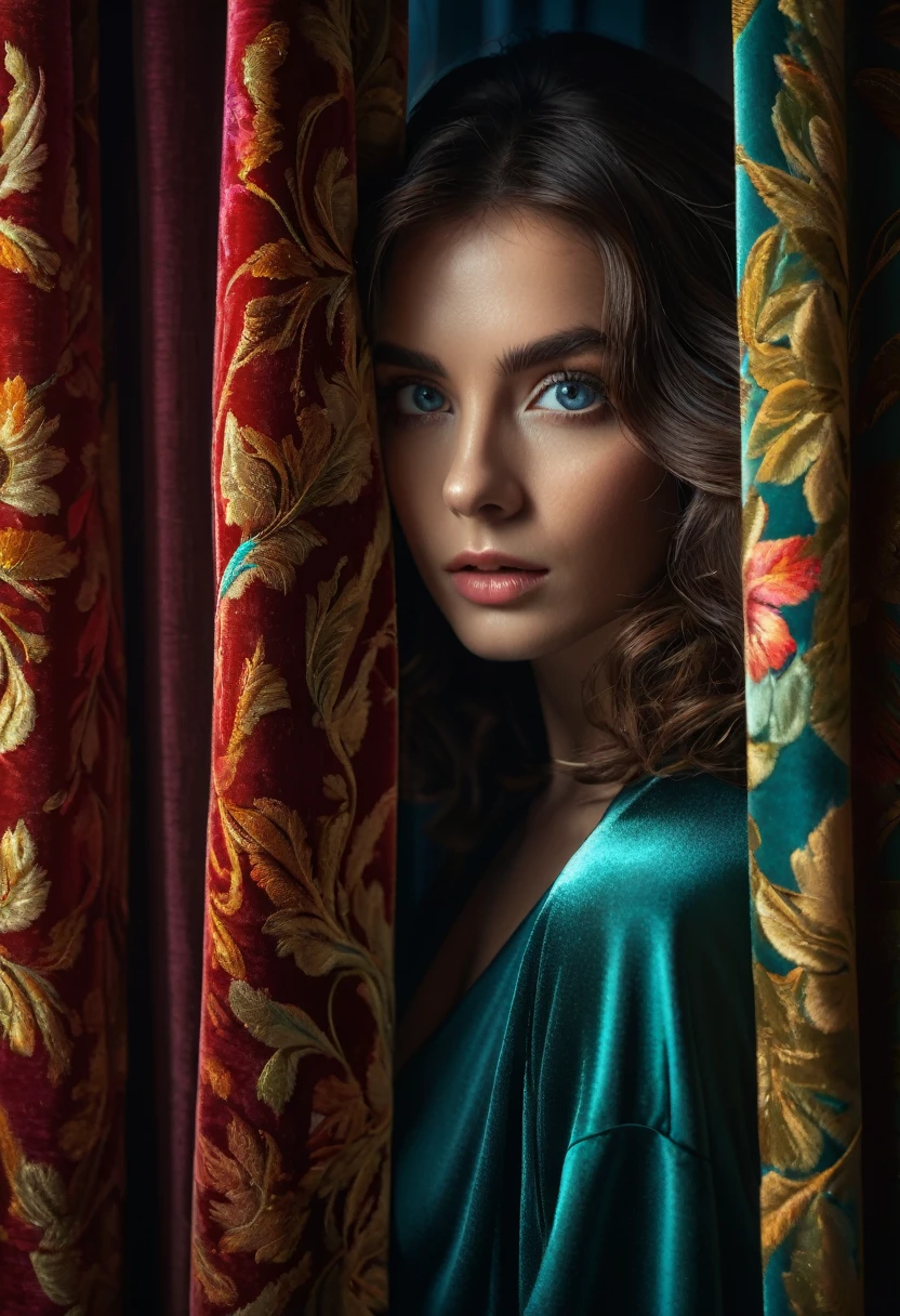 RAW photo, beautiful eyes, masterpiece, peeking out from behind the curtains, colorful details, award-winning, high detail, 8 K, daylight, analog film, detailed skin, stunning composition, complex parts, subsurface scattering, velvet hair, amazing textures, cinematic, chiaroscuro, soft light
