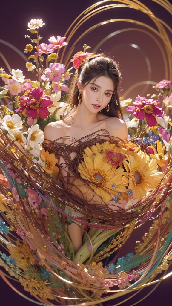 (masterpiece, Highest quality, Anatomically correct, Highest quality, Official Art, beautifully、beautiful:1.2), (One person:1.3), Very detailed,(Fractal Art:1.1),(colorful:1.1)(Flowers:1.3),Most detailed,(Tangled:1.2), (Dynamic pose), (Abstract background:1.3), (Glowing Skin), (Many colors:1.4), ,(Earrings:1.4),Long Hair, chest, Brown Hair,