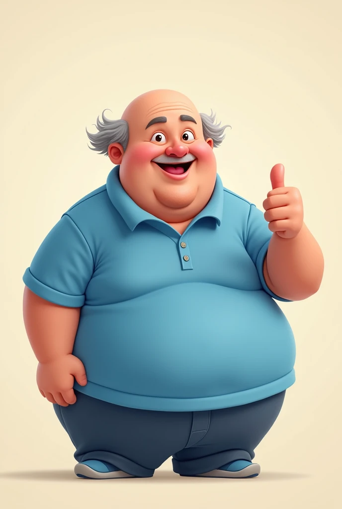 Imagine a cartoon man of approximately 40 years old, with a slightly corpulent body. He is “bald” on top of his head, but has hair on the sides, without anger. He is wearing a blue polo shirt, and the bottom of the shirt is a little loose. He is smiling and giving a thumbs up with his right hand.. THE BACKGROUND IS SIMPLE, maybe a light solid color, so as not to divert attention from the character.
