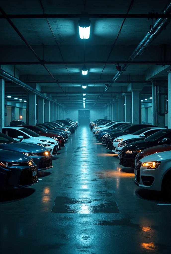 Create a image of carparking in group floor at night time
