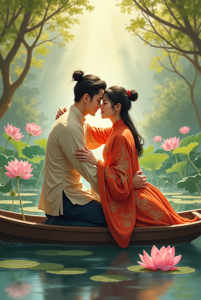 Drawing of two handsome men in Vietnamese costumes hugging each other on a boat at a lotus pond