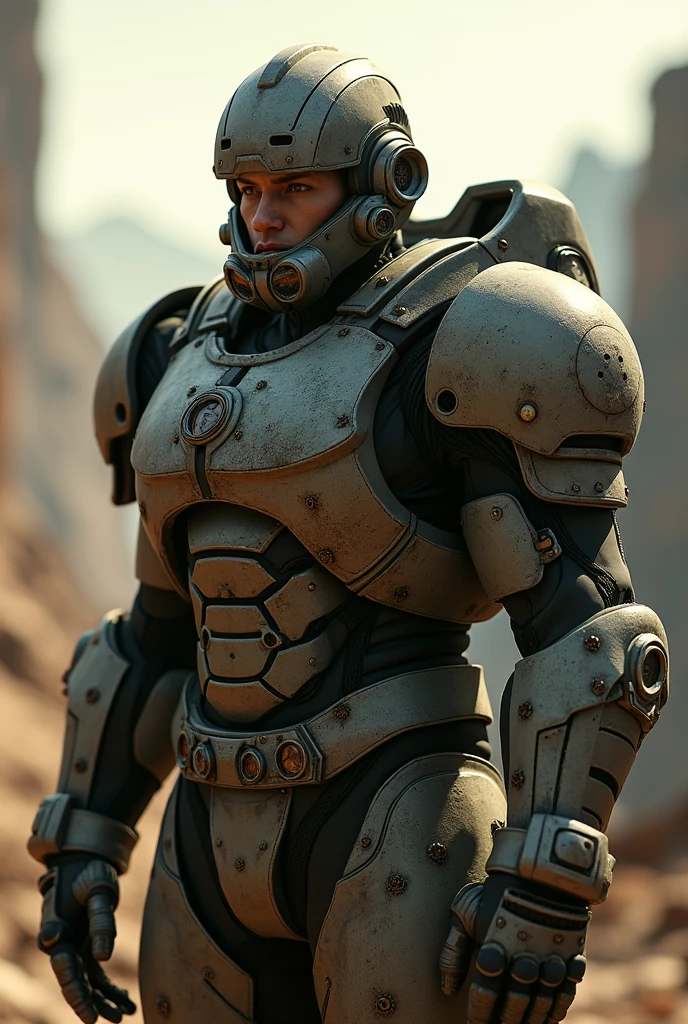 A Brotherhood of Steel fighter in T-60 motorized power armor without a helmet. Fallout 4 game style. High detail, sharp focus, contour sharpness, high resolution, cinematic environment, atmospheric dynamic shot, 8K, ultra-realistic, photorealistic, cinematic light, bright day