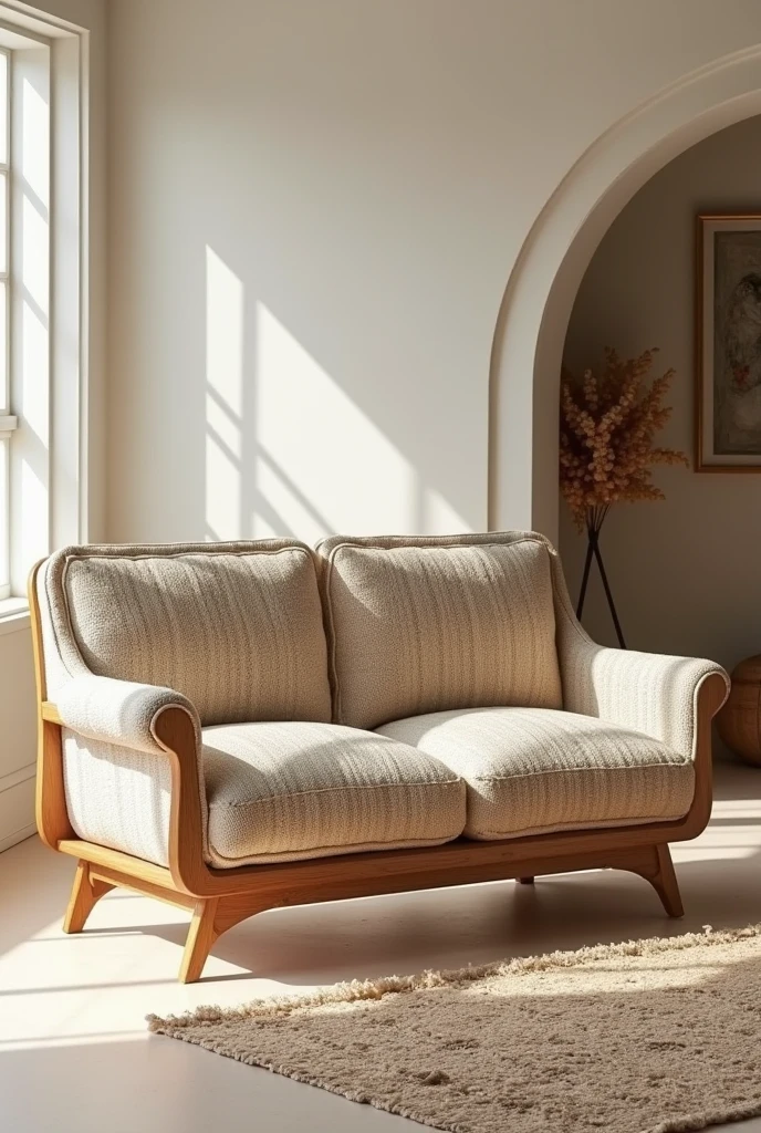 Create a modern sofa,those that resemble a grandmother's sofa and all the upholstery has a knitted or crocheted look, the wood on this sofa must be small, but you have to make wood Make the upholstery more knitted and fluffy Use this same model and create a two-seater sofa identical to this one Now make this same sofa just like it but looking at the back of it