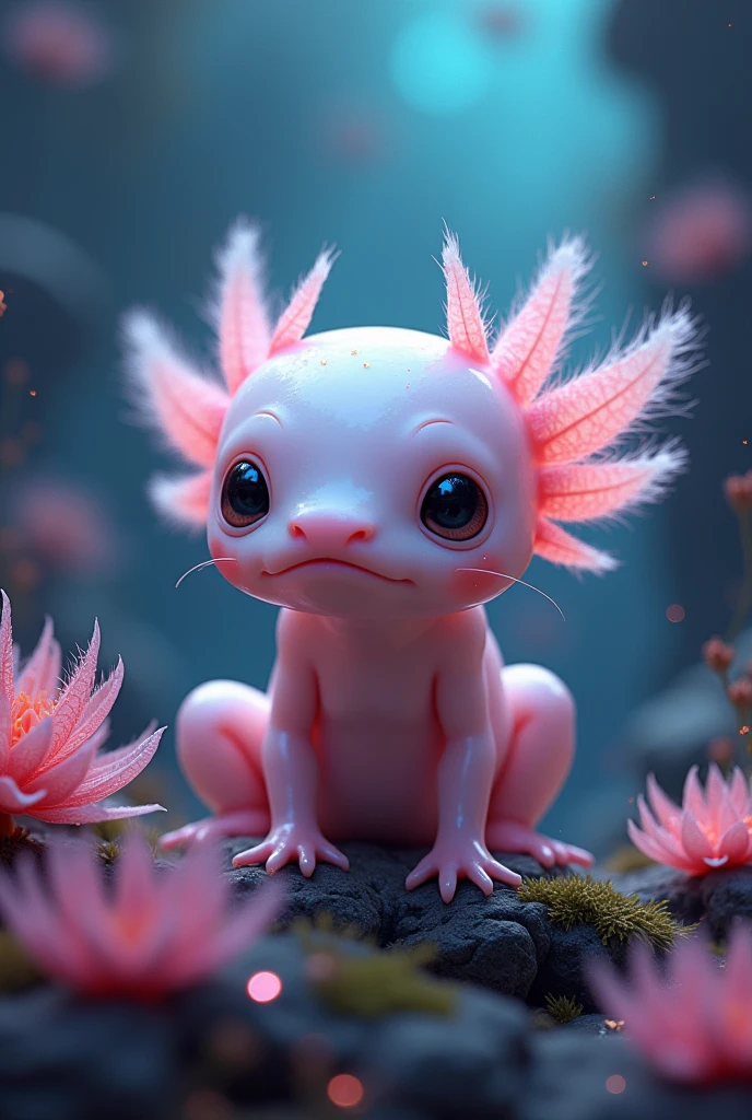 Almost realistic image of a baby axolotl with an incredible background to make it look as beautiful and incredible as possible