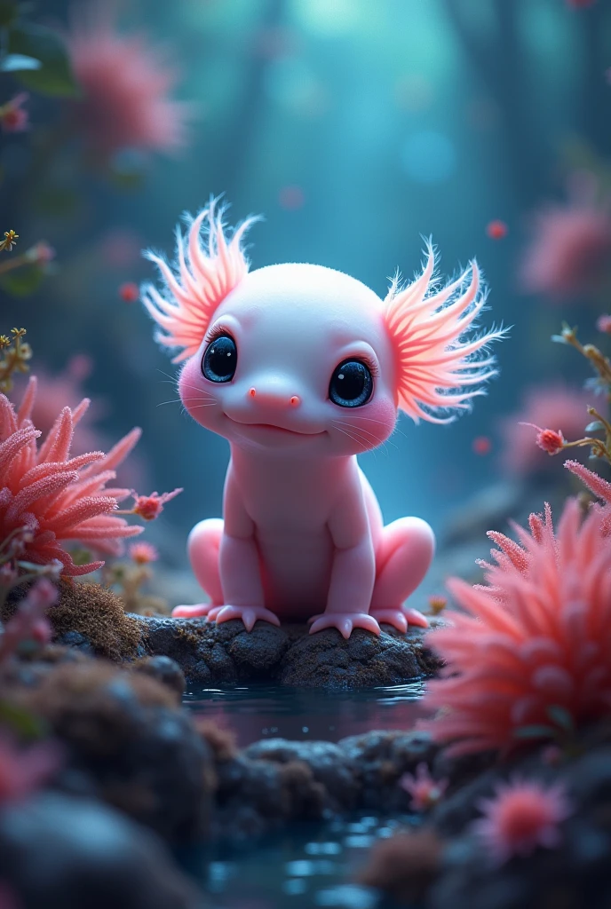 Almost realistic image of a baby axolotl with an incredible background to make it look as beautiful and incredible as possible