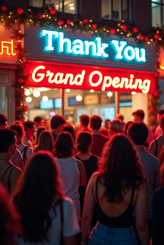A photo from the grand opening event and a thank you message to customers
