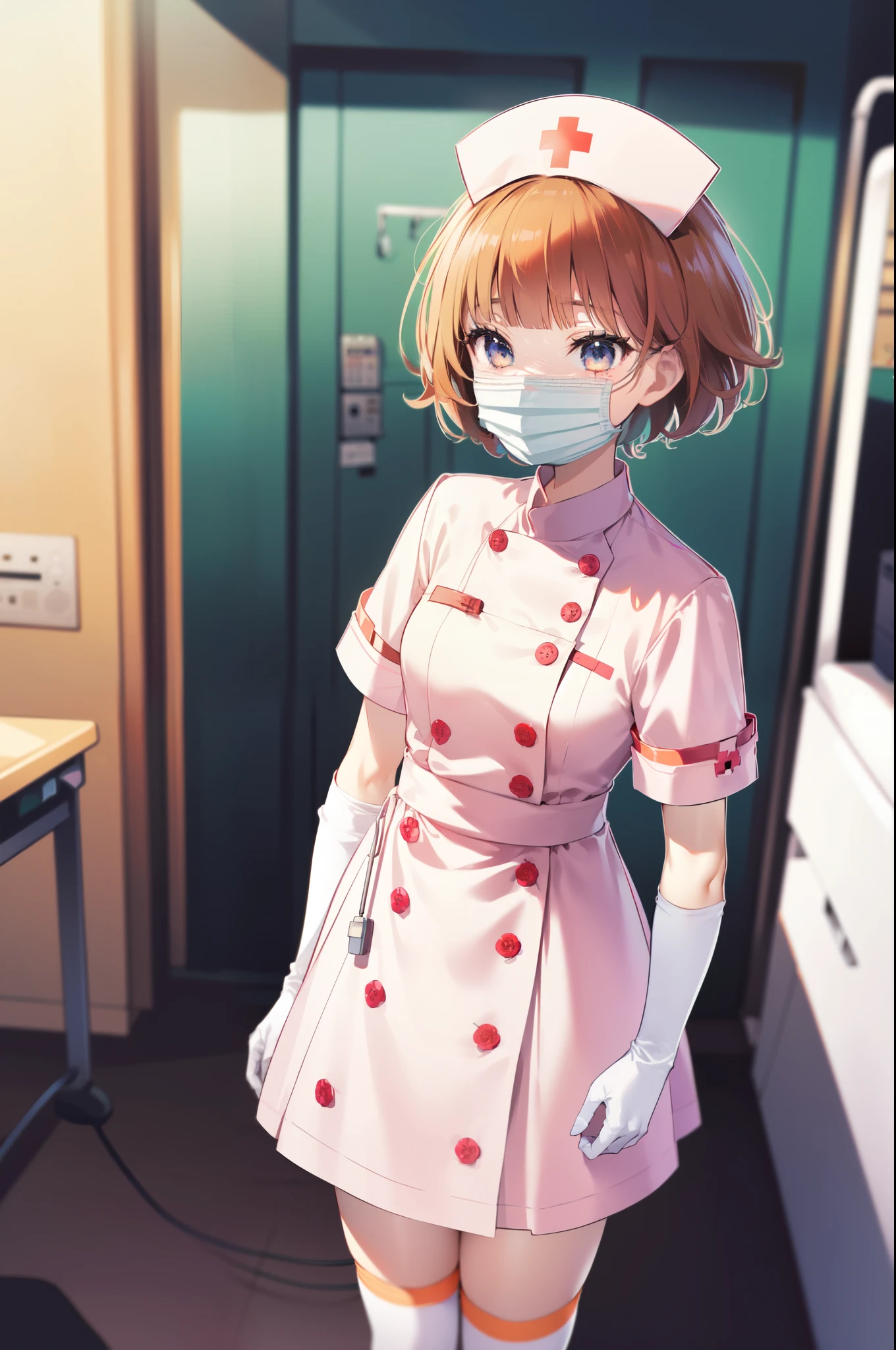 1girl, solo, nurse, nurse cap, white nurse uniform, ((white legwear, zettai ryouiki)), white gloves, very short hair, orange hair, ((white surgical mask, covered nose)), standing, ((hospital room)), sharp outline, short sleeves, tomboy, boyish, best quality, masterpiece