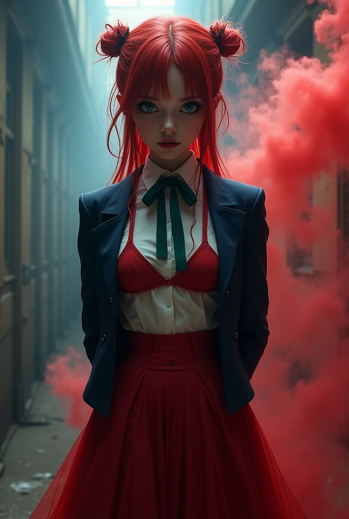Highest quality、16K,　Ultra high definition、8K、masterpiece、(CANON R5, F1.8, ISO100, 45MP,1/4000)、One Girl、solo、2、jk、High school girls、Long red Hair、messy bun、Red Hair、Double eyelids、Long eyelashes、Lower lashes、Blue eyes、Watching the audience、Wearing a elegant long red dress、White crop shirt、Navy blue blazer、Green neck ribbon、Unbutton your shirt 1:2、A glimpse of her pink bra, tight fitting longdress、( tight longdress:1.5)、Thin arms、Black loafer shoes、Coming down the hill、Full Body Shot、Looking down at me with a provocative gaze、proportionated body, [The character is surrounded by mist, evoking a mysterious and eerie atmosphere. The lighting is dark and atmospheric, with a red smoke adding a touch of sinister ambiance. best quality image, with a resolution of 8k and HDR enhancement, showcasing the utmost level of detail and realism, sfw, full body shot]. [Best Quality, Masterpiece, Ultra High Resolution, (highly detailed CG unity 8k wallpaper), (best photo), (best shadows), isometric 3D, octane rendering, ray tracing, highly detailed, (Best quality, 8k, high resolution, masterpiece:1.2), absurdity, masterpiece, ultra detailed, (realistic, photorealistic, photorealistic:1.37), complex parts, HDR, (complex parts:1.12), (hyper detailed, hyper realistic, Soft lighting, spicy:1. 2), (complex parts, Hyper detailed:1.15). Blurred foreground. (backlit), high quality, brightness, chromatic aberration, 8k uhd, some smoke, shadows, contrast, clear sky, (warm hue, warm tone), high details, natural reflections]. hands behind her back, peeing herself, wetting her clothes , can't hold her pee, wets herself, completely wets herself at work while having her arms behind her back,she peed herself, pee running down her legs , get up, hyper pee
