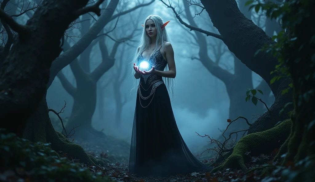 A mysterious elven woman with long, silvery hair stands in a dark, enchanted forest. She wears a revealing, sheer black gown that clings to her curves, adorned with silver accents that catch the moonlight. Her eyes glow softly with an ethereal blue light, and her pointed ears peek through her hair. She holds a glowing crystal orb in her hands, casting an eerie light that creates shadows of ancient trees around her. The air is filled with mist, and dark, twisting vines surround her feet, adding to the sense of a mystical and otherworldly presence. Aim for realistic depiction, make sure photos are at highest resolution (8K).