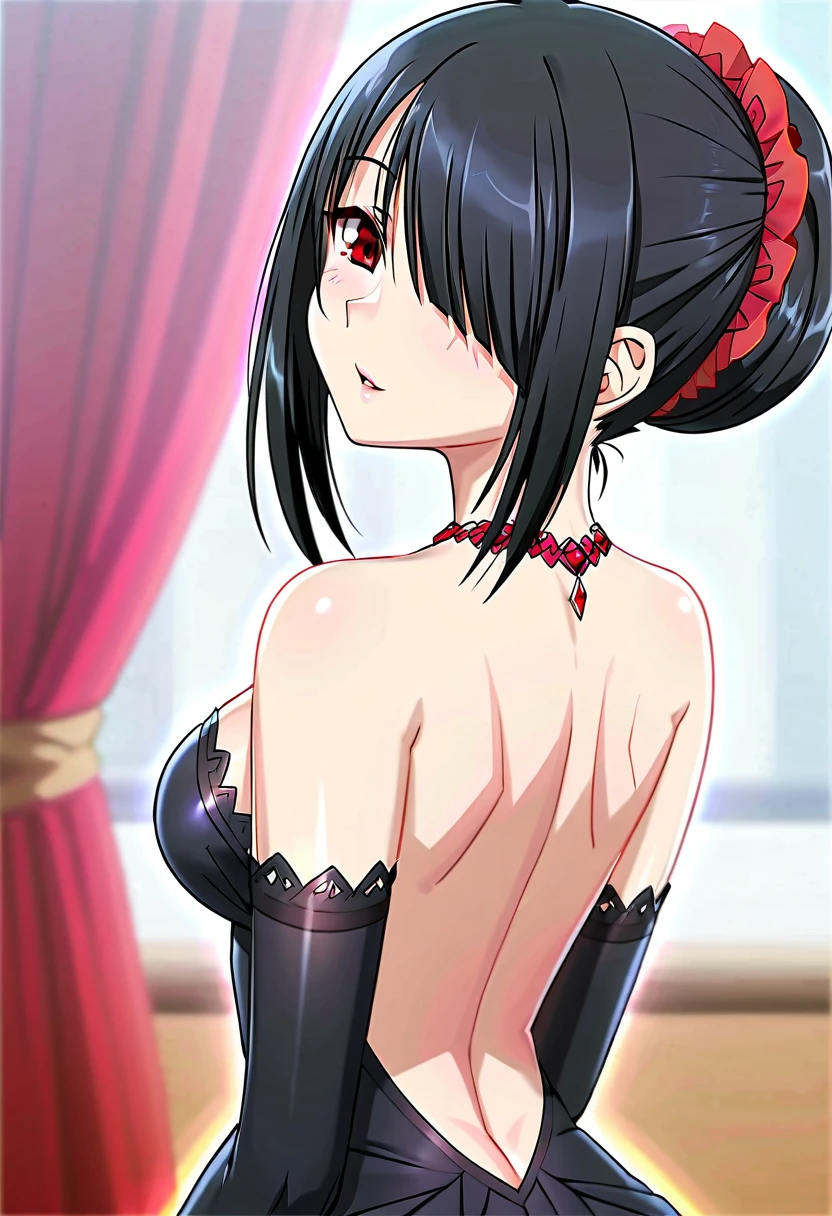 tokisaki kurumi,((masterpiece)),(((best quality))),((ultra-detailed)),((illustration)),((disheveled hair)),((frills)),(1 girl),(solo),Wavy hair secretary,solitary,Exquisite eyes,Fine black hair,( Smooth skin:1.2)( Wear a gorgeous and sparkling evening gown:1.2), Slender body proportions,Back,Gorgeous room,backless outfit,back focus,from behind,Simple background, Blurred Background, Glossy background,long hair,Hairstyle,upper body,
