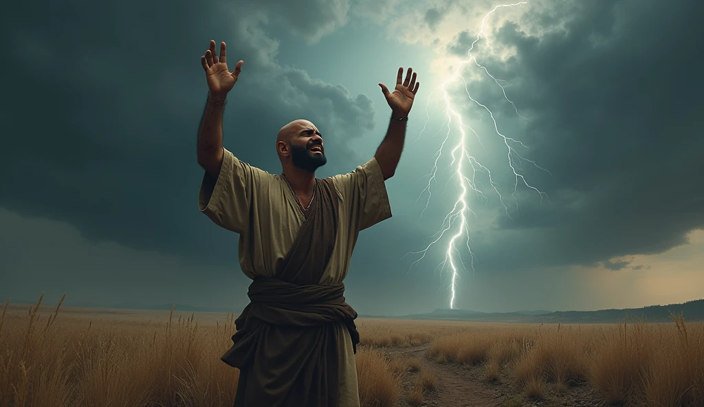 Create a realistic image of Job, as described in the Bible, depicting him in a desolate field. He must have a shaved head, visibly covered in ulcers and sores that spread from his feet to his head. His face expresses deep pain and anguish, as he raises his hands in supplication to God, crying for help. Ao fundo, a storm forms dramatically in the sky, symbolizing the manifestation of the divine presence as an answer to their prayers. The atmosphere must be charged with tension, with dark clouds and lightning illuminating the scene, reflecting both the desolation of Job and the majesty of God's power. The color palette should be dark, with shades of gray and dark blue, highlighting the seriousness of the situation, but also bringing to light hope in divine intervention.