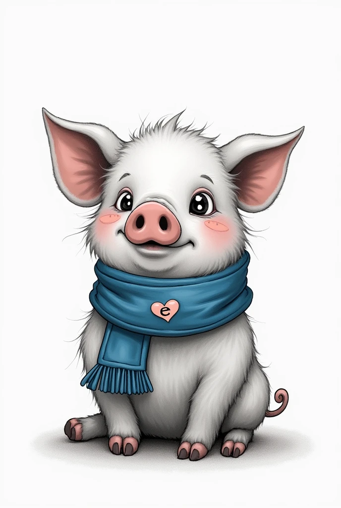 A cute pig with a ring and a royal blue scarf, that has a heart and inside the heart has the E and on the other side the D. to black and white.