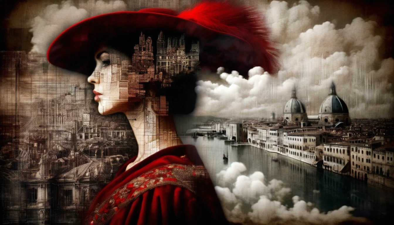 Double Exposure: portrait oil painting, of a ((transparent woman with a double exposure city in her head)), we see the double exposure on her face and the city backdrop, elaborate red hat, in renaissance attire city backdrop, 3/4 profile view, sumptuous cloud fabrics, detailed embroidery, moody chiaroscuro lighting, high-resolution
