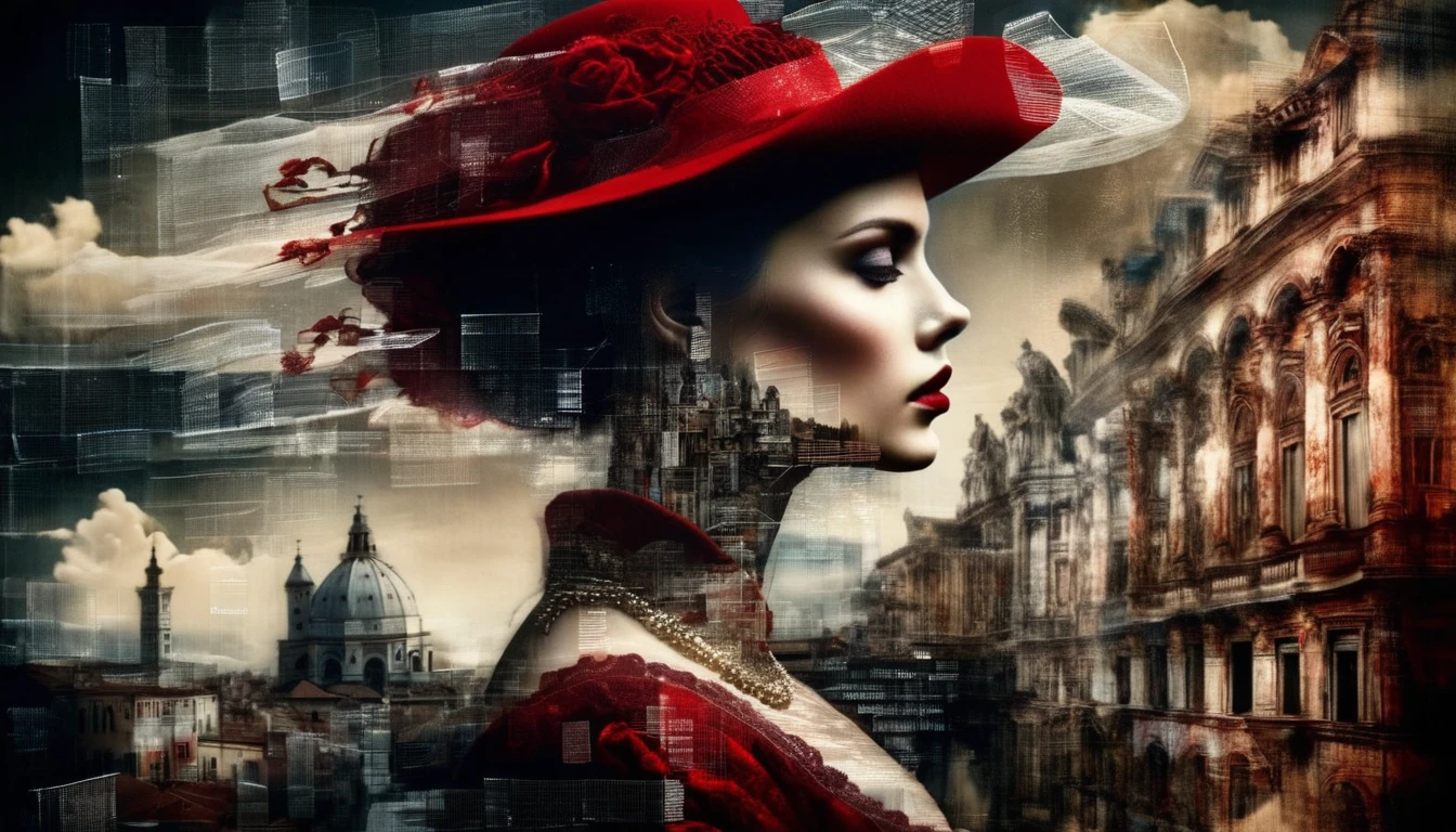 Double Exposure: portrait oil painting, of a ((transparent woman with a double exposure city in her head)), we see the double exposure on her face and the city backdrop, elaborate red hat, in renaissance attire city backdrop, 3/4 profile view, sumptuous cloud fabrics, detailed embroidery, moody chiaroscuro lighting, high-resolution