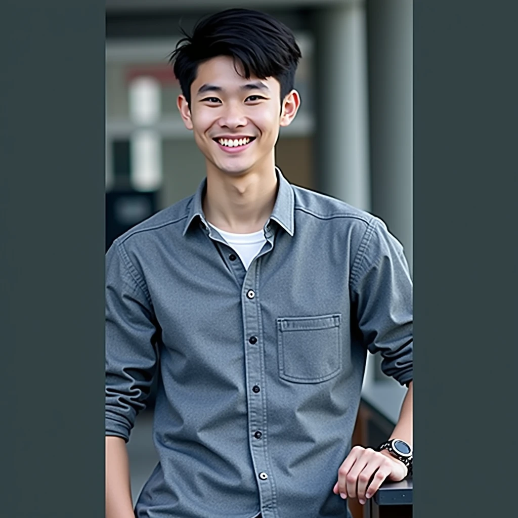 Boy in his 20s, an electrical engineering intern, smiling and wearing formal clothing