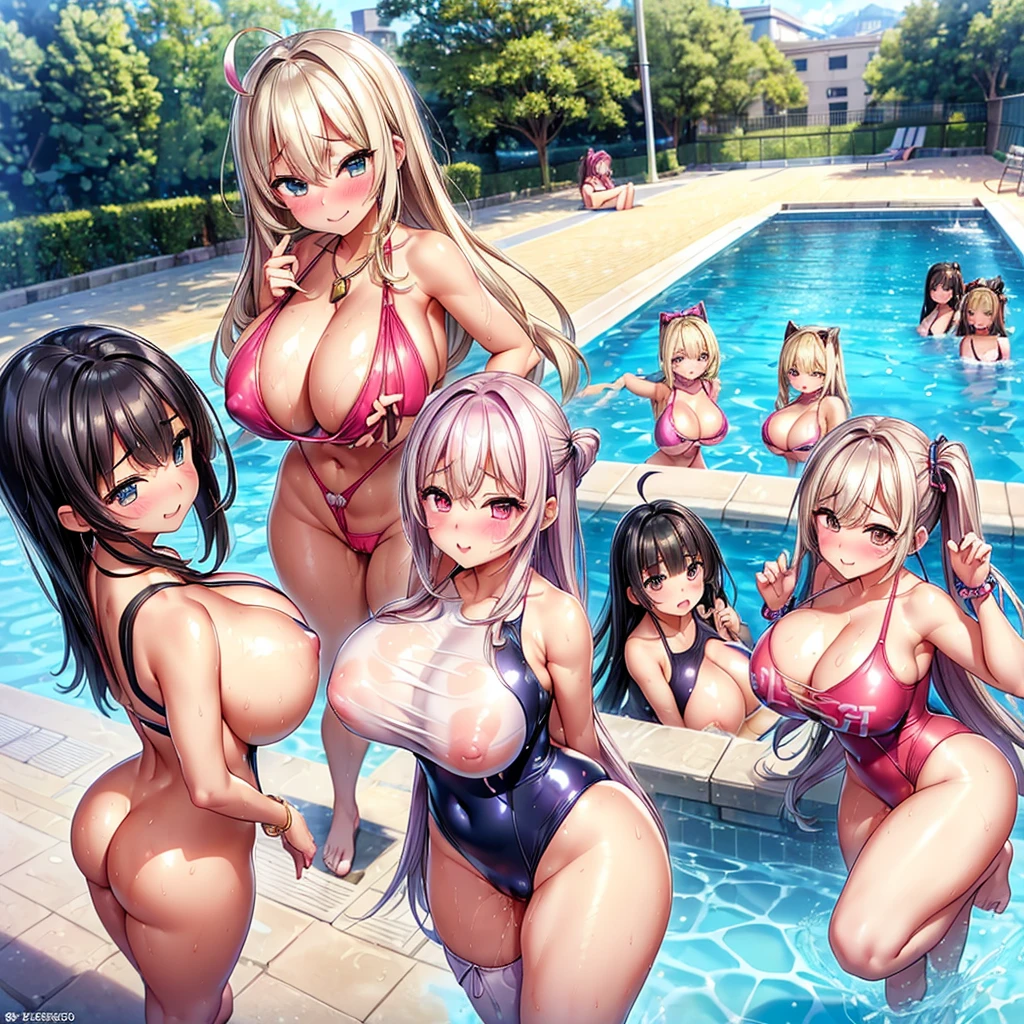 Ultra HD、Ultra-high resolution、Noise Reduction、perfection、Image quality adjustment、balance change、Optimal Lighting、Minor fixes、Detail correction、((10 girls、high school girl、Gravure idol:1.8))、((Super sexy super high leg swimsuit:1.5)),、((Big Ass、Thick legs、Thick waist、Thick thighs)),Looking at the camera, she is perfection, Incredibly large breasts, Incredibly large and firm breasts、Camel Toe、Great tit、Nipple puffs、Cleavage、Plump、Super big breasts、Super big ass、Bubble Butt、、((A special smile、Partially visible vulva pose))、sexy and cute、((Super big breasts、Saggy breasts:1.6))、Earrings、Earrings、lipstick、necklace、Thick lips、Heterochromia iridis、bracelet、Caster wheels、Round 1、Hair Charm、Lip gloss、Long False Eyelashes、Ahoge、eye shadow、Long eyelashes、Shaped eyebrows、Tear bags、Lip gloss、紅いlipstick、eyeliner、blush、head band、ribbon、Manicure、Pedicure、nail、、((Random Hairstyles、Random hair color、Random Pause、Random fingertips、Quite obscene、frustration、Slut、Big Valley、Slut))、((Undersized swimsuit:1.5)) 、、((pose partially visible vulva、Outdoor swimming pool、Photo session、smug face、camera、Splash、Water Drop:1.2))、Sexy and cute、fun、Hurrah!、、((Oily skin、Sun Oil、Black shine、Shinyskin、Dewey、Tan Skin:1.3))、((((Pussy、Scissor、tribadism))))