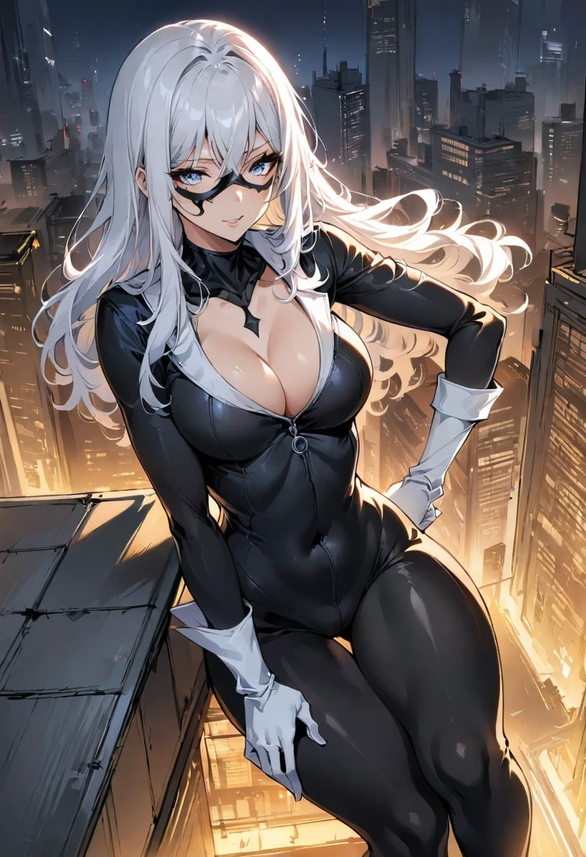 (high quality, 4K, high contrast, artwork:1.2), best aesthetics, BREAK ((1 woman)), (a white hair woman in a black bodysuit and small mask:1.3), long wavy white hair, blue eyes, BREAK sensual, mature body, super detailed, highly detailed face, highly detailed eyes, highly detailed mouth, BREAK sexy body, perfect breasts, medium breasts, perfect wide thighs, cleavage, BREAK (white gloves, white fur details around the neckline and gloves:1.1), sensual facial expression, BREAK New York City rooftop, sitting, legs crossed, dimly lit, midnight.