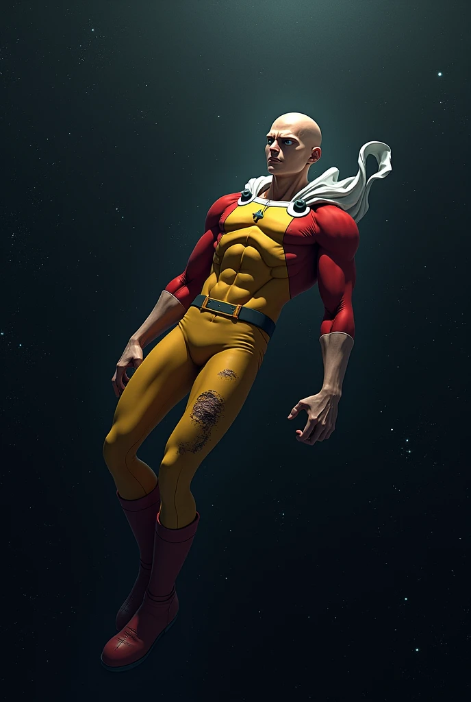 Generates an image of Saitama floating in outer space injured