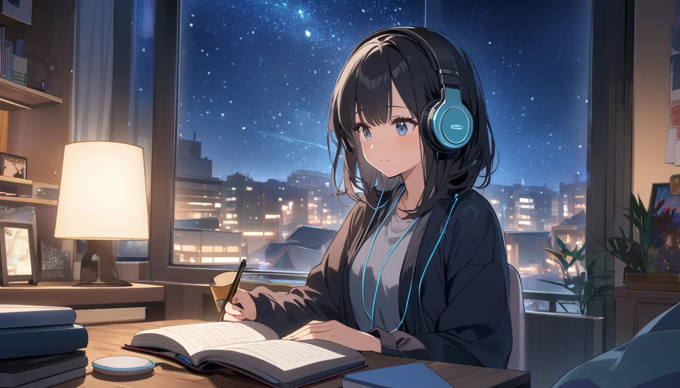 A black-haired woman wearing headphones reading a book in her room,Night starry sky,Streetscape、listen to music、Japanese