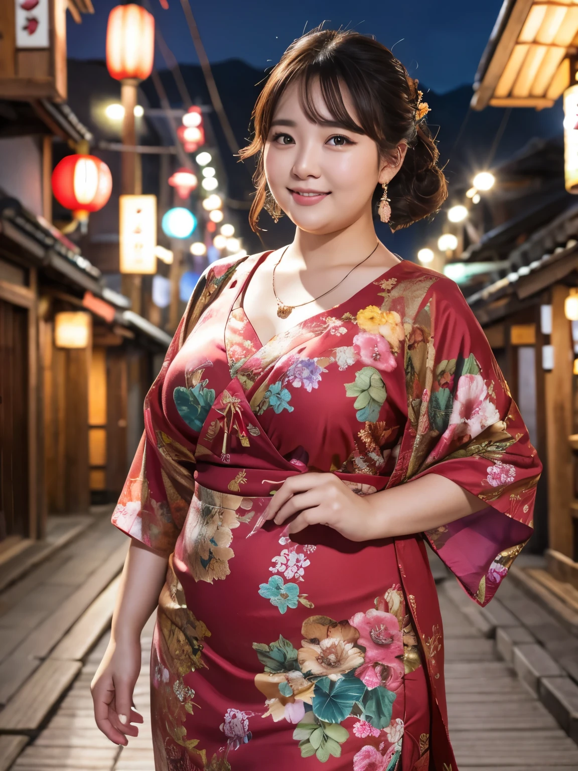 ((China dress)),((((chubby,overweight,corpulent)))),(((Double chin))),(((Plump face,fat))),((Highest quality)), Realistic, Very detailed, In detail, ((High resolution)), 8k,((smile)),(cowboy shot),Beautiful, well-shaped eyes,(Korean women),Beautiful Skin,Detailed face,short hair,Brunette colored hair,20th Generation,((Ginzan Onsen Town at night))、necklace、Earrings,((Street lamp))