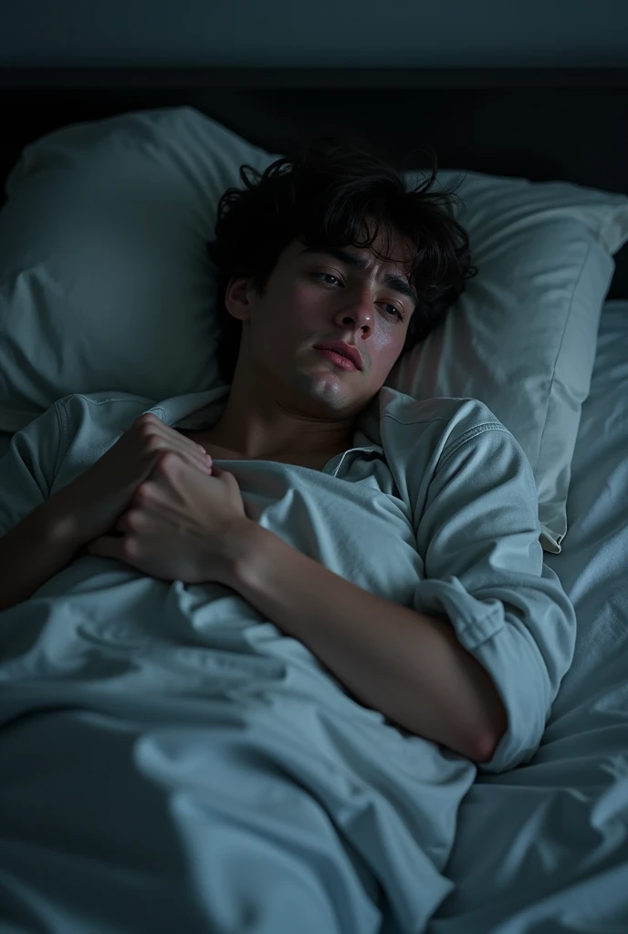 Sad young man crying in his bed, Whole body