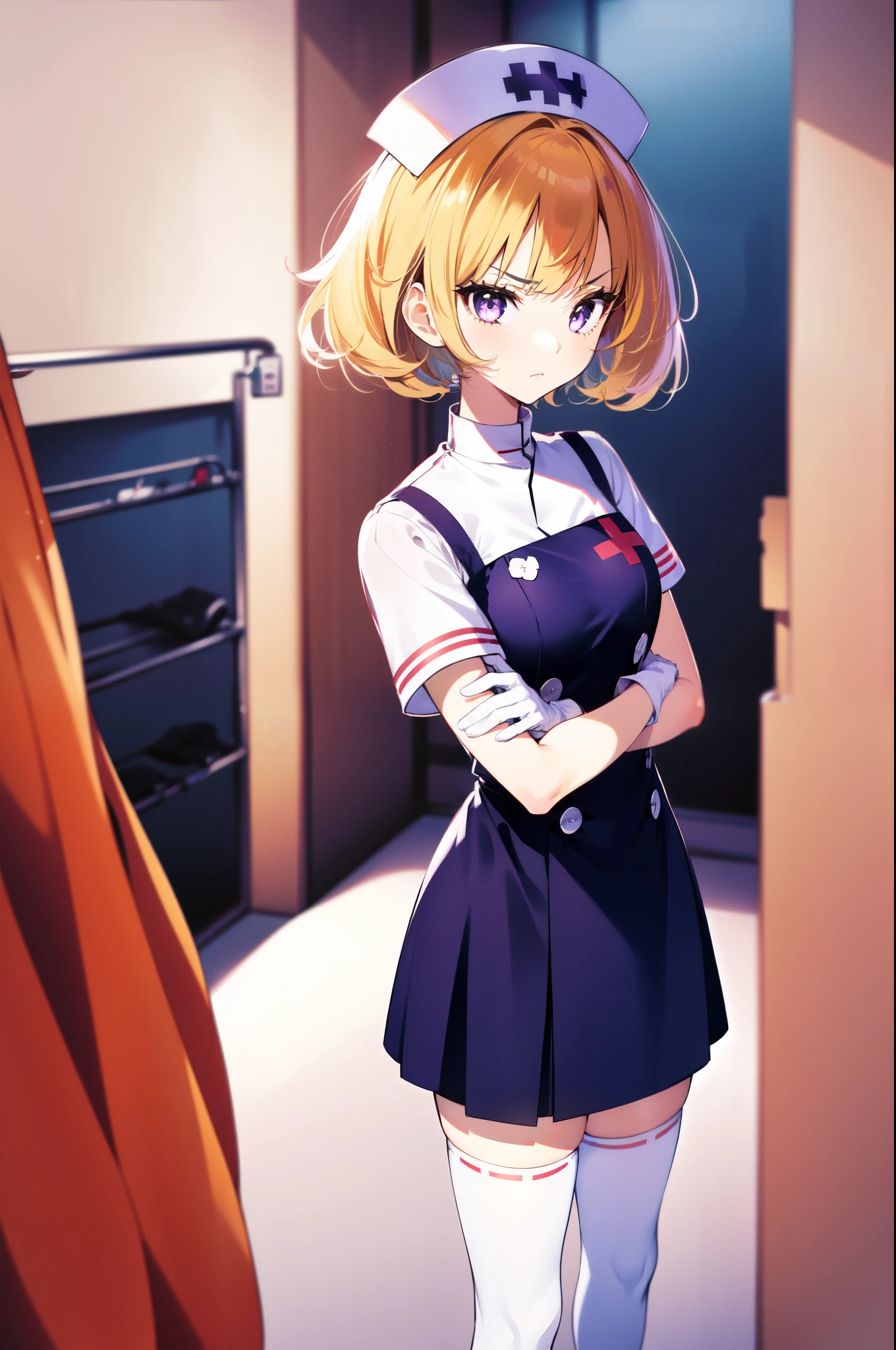 1girl, solo, nurse, nurse cap, white nurse uniform, ((white legwear, zettai ryouiki)), white gloves, twintails, yellow hair, purple eyes, angry, crossed arms, standing, ((hospital room)), sharp outline, short sleeves, best quality, masterpiece