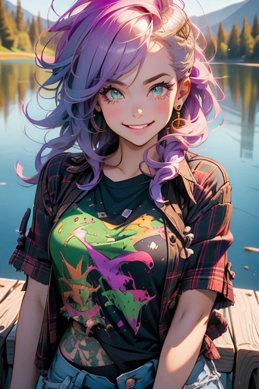 Perfect face. Perfect hands. A light purple haired woman with green eyes with an hourglass figure in a plaid shirt and ripped shorts is smiling with a chocolate bar by a lake