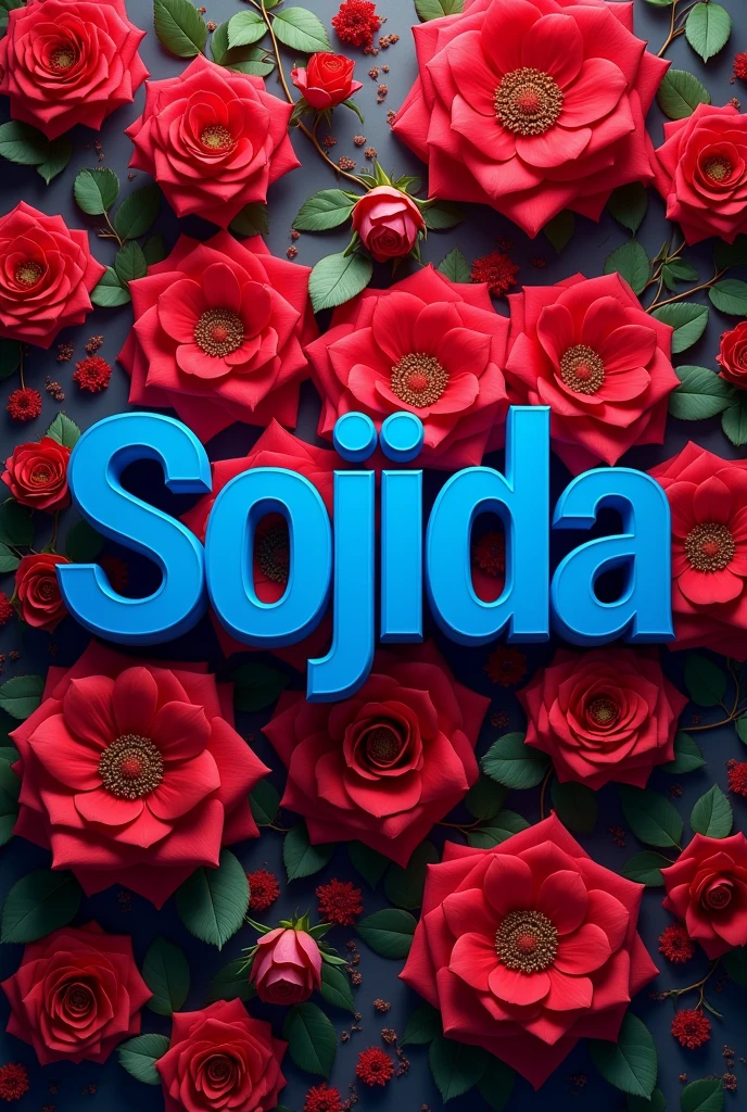 Sojida's name is in blue block letters, covered with red flowers. Red roses around