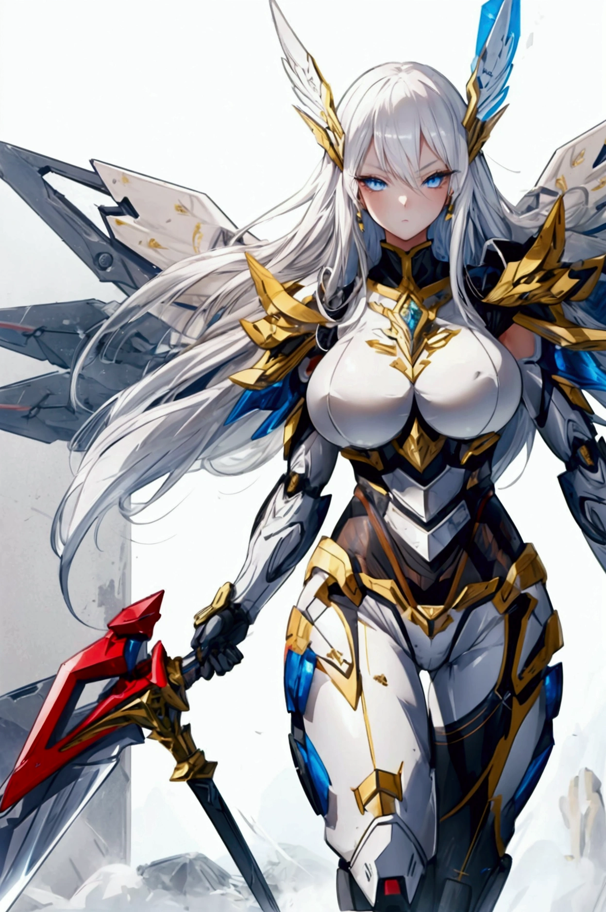 1 girl,mature girl,platinum hair,shiny hair,beautiful long hair,beautiful eyes, high quality,beautiful,mecha,valkyrie,hyper,masterpiece,mecha armor,sword,massive breasts,big ass,perfect body, nice body, curvy,armor,hyper quality,high quality, perfect,high detailed eyes,high detailed face,valkyrie suit,wings,guns,magic,looking at viewer