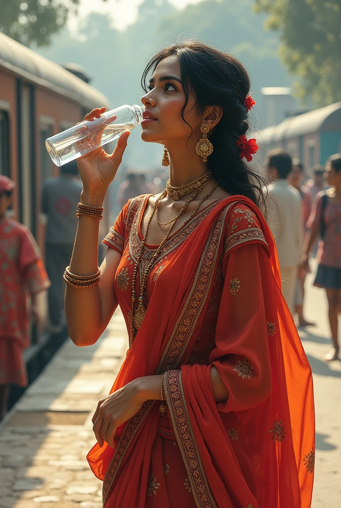 A beautiful girl from rajasthan natasa has drinking water at railway station and also at airport