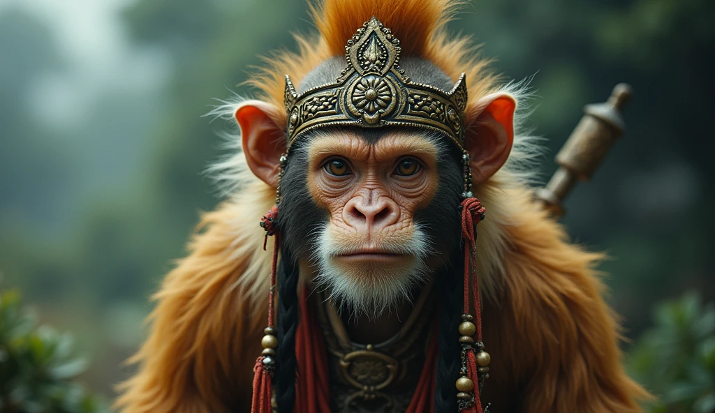 Photo of the monkey king sun wukong. He has highly detailed fur and accessories, muted cinematic colors, shot on cinestill film