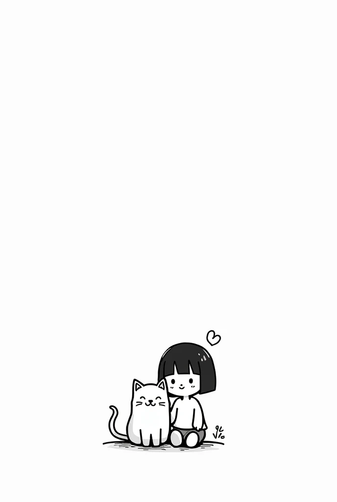 (Most of the background is solid white color.),doodle, minimalist, black and white, Simple little cute cartoon human girl, sitting down beside a cat