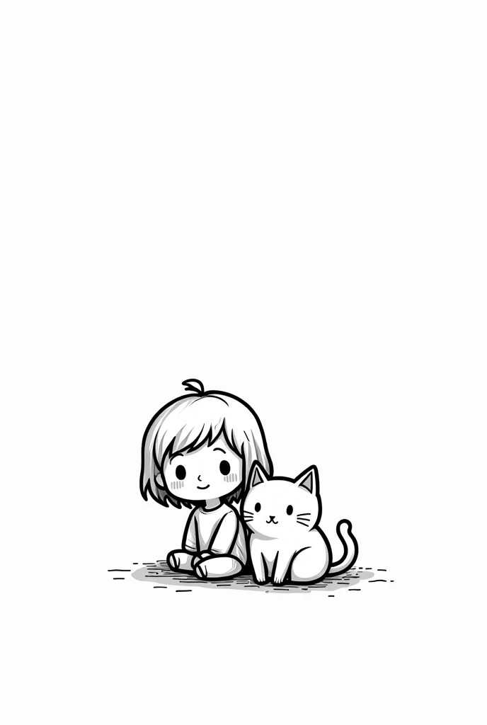 (Most of the background is solid white color.),doodle, minimalist, black and white, Simple little cute cartoon human girl, sitting down beside a cat