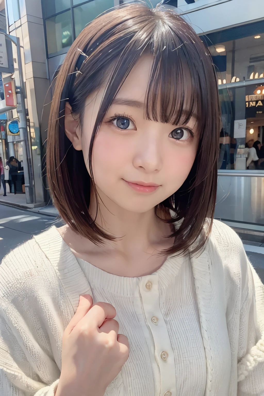 8K, RAW Photo, Best Quality, Masterpiece, Realistic, PhotoRealistic, Extremely Detailed 8k Wallpaper, Beautifully Detailed Eyes, Finely Detailed Face, 
 BREAK 
Professional Lighting, [Rim Lighting], 
 BREAK 
in Tokyo Sibuya, 
 BREAK 
5 Beautiful Thin Finger:1.6, Perfectly Anatomically Correct:1.2, 
 BREAK 
1 Girl, Pointing at Viewer Straightly:1.6, Happy Smiling, 
Very Short Hair Bun:1.1, Symmetrical Clear Eyes:1.1, Captivating Eye Reflections:1.1, 
(Kawaii), [Japanese], Wide-Set Eyes, Big Eyes, Tareme, (White Skinned), Embarrassed, Blush, Very White Skinned, High-, 
(Round Face, Round Chin), Wet Hair, Messy Hair, Brown Hair, Open Mouse, [Pouted Cheek], 
Wearing SHIMAMURA Early Autumn Clothes:1.0, 
Looking at Viewer, 
 BREAK 
SFW:1.0, 
 BREAK 
Finger Focus:1.0, Dynamic Shot, Feet Out of Frame, Bokeh:1.2
