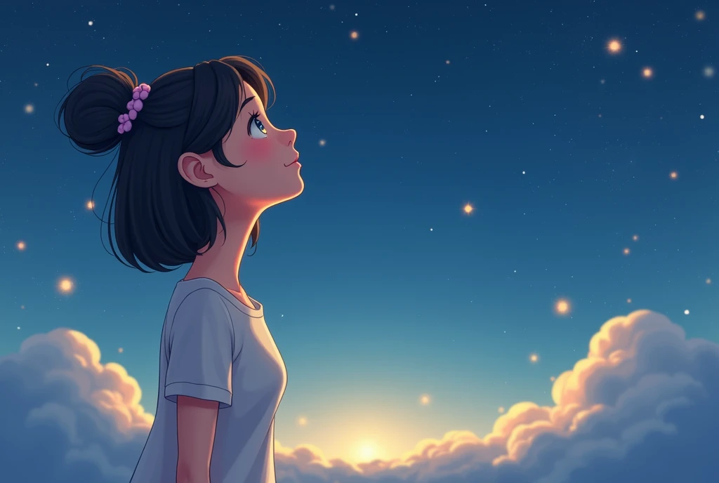 a  looking up at the stars, cartoon, cute cartoon, cute cartoon style, motherly love, cute illustration, clean anime art, simple background