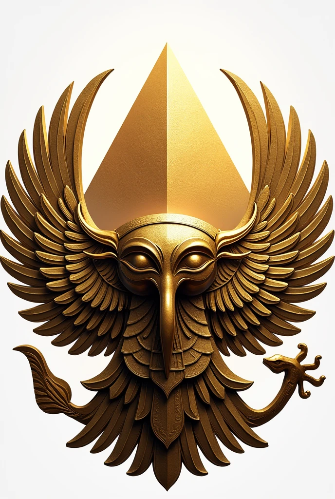 Create a coat of arms of the ancient civilization of Egypt with white and gold colors with a golden Egyptian eye with a bold face and a pyramid with a very transparent background. 