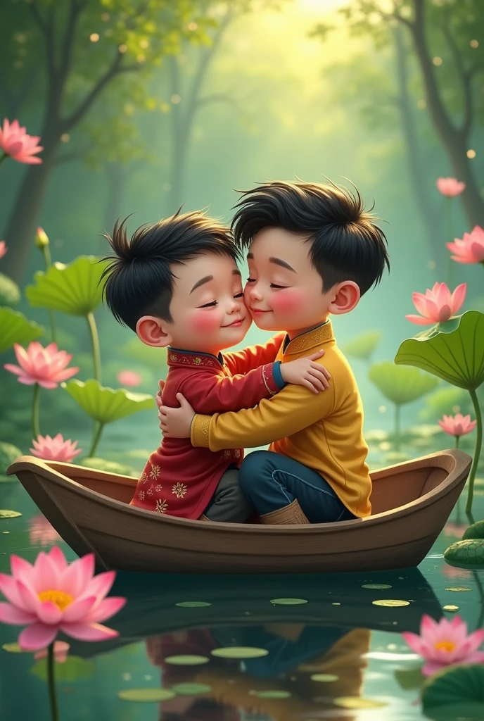 Drawing of a handsome boy wearing Vietnamese costume hugging another boy on a boat at a lotus pond
