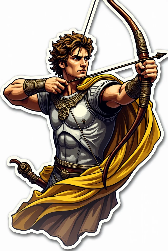 Apollo in an armour, firing a bow and arrow .Make his face a little fierce. No background. Sticker style. With touch of color yellow. Just show half his body. It has bold outline. He is holding a lyre also.