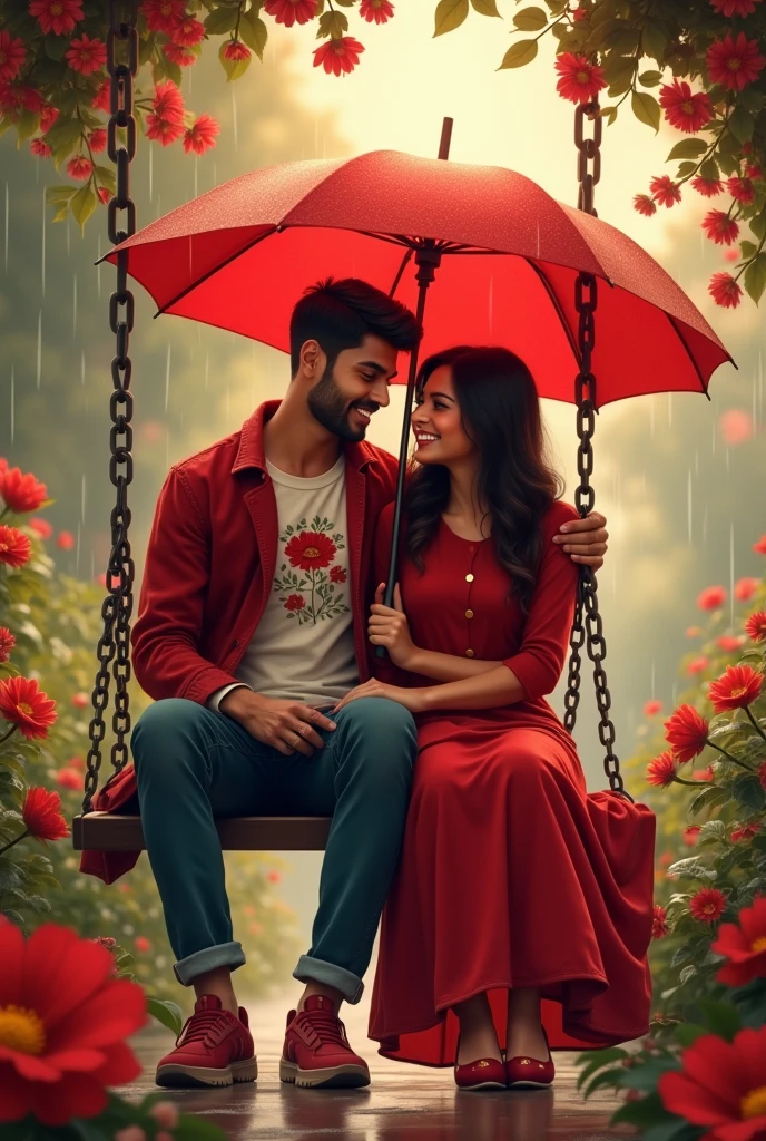 Slowly slowly rain with Ali and waniya with red flowers garden couple sitdown in a chain swing Ali plug in a umbrella and Ali red coat and flowers design t shirt and waniya dress in a red frock and couple smiling faces with Ali clean shaven and couple shoes color is red and umbrella color is red in prompts