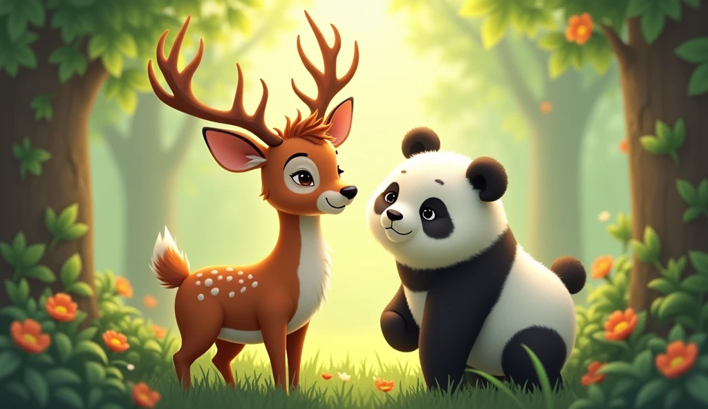 Make A Deer And A Panda Are Old Friends And Complement Each Other With The Background