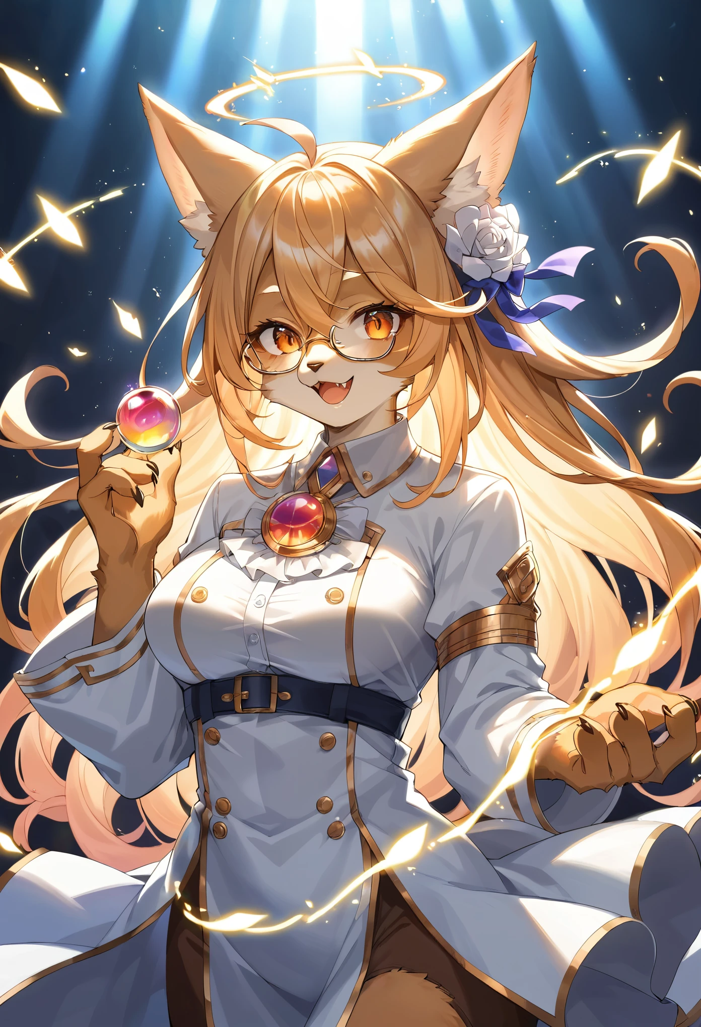rating_safe, score_9, score_8_up, score_7_up, score_6_up, score_5_up, score_4_up, hires, highres, source_furry, cover page(kemono, furry anthro, angelic 1girl, Smiling embarrassedly, glasses)professor, Lab of a crazy alchemist, chemical that shines, Beautiful lights and shadows, Ambient light, Volumetric lighting, Dynamic configuration, Highly detailed and colorful details, luminous lighting, Atmospheric lighting, dream magical, magic, Glowing light,