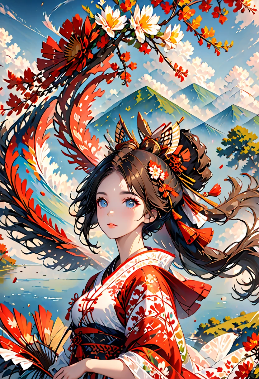 Ink painting, (((1 girl )), (((Tattoo in the middle of the forehead))), (((Oiran))), (((Great hair accessories))), Demon possession, , (((Masterpiece、Top quality للصورة、Highest quality、وحدة Very detailed 8ｋWall paper))), ((And covered with jewelry, an illustration of a single girl、All body covered))、(((beautiful girl))), (Masterpiece, Top quality, Best quality, Official art, Beautiful and aesthetic:1.2), A girl stood alone in front of an amazing work of art., Her eyes are wide with admiration., (Very detailed), Face up close, (Fractal art:1.3), All body covered بدقة, The intricate patterns and colors of the Fractal artwork surrounded her, Every line and curve is carefully designed..Colorful spirals and geometric shapes blend seamlessly., Resulting in the creation of a stunning piece that captured the essence of abstract beauty.. (Top detailed), Every little detail is meticulously drawn., She invited viewers to explore the depths of art and lose themselves in its complexities..