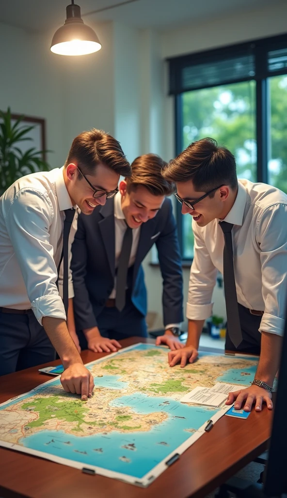 Three friends work in office male friends plannin to tour Thailand