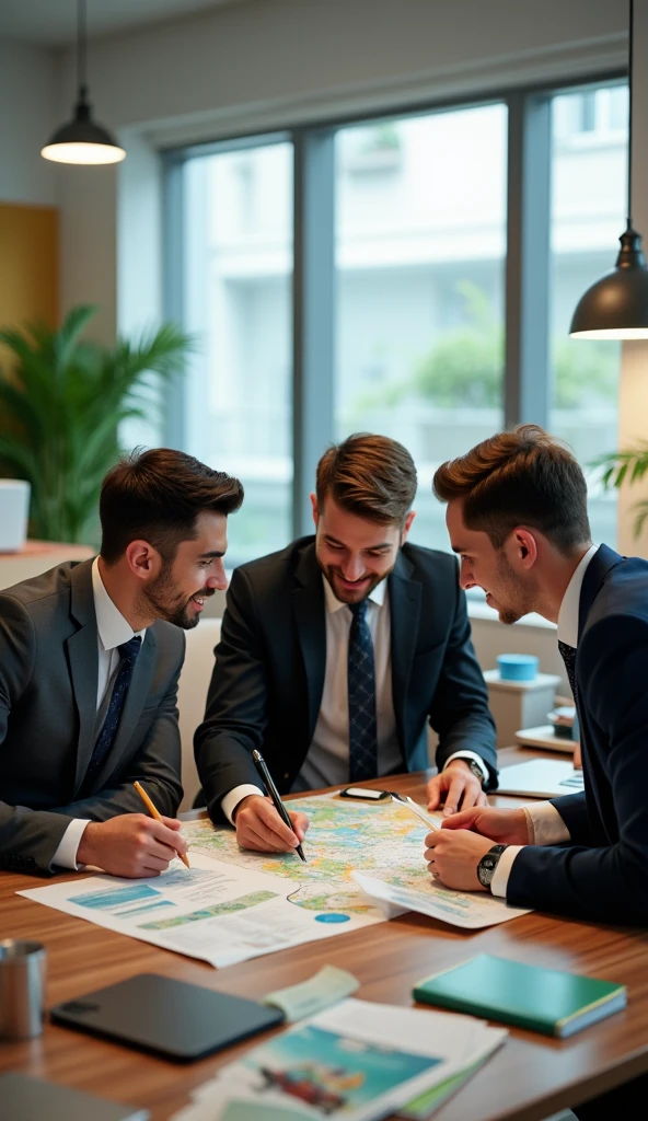 Three friends work in office male friends plannin to tour Thailand 