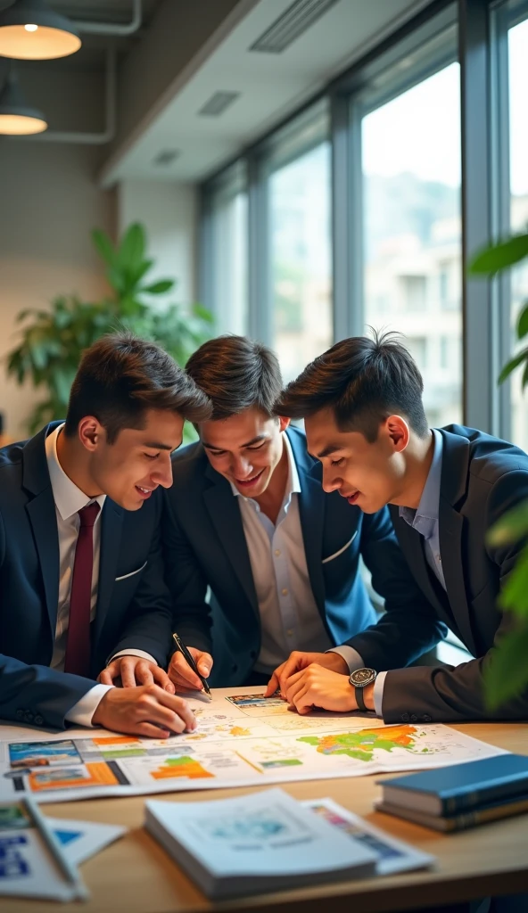 Three friends work in office male friends plannin to tour Thailand 