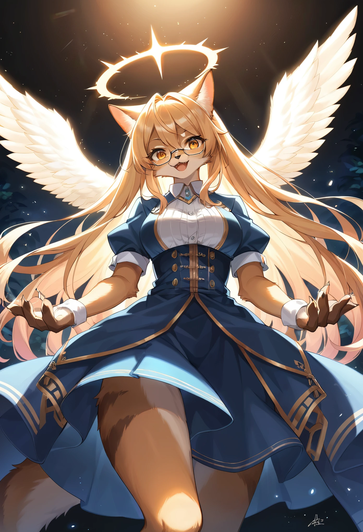 rating_safe, score_9, score_8_up, score_7_up, score_6_up, score_5_up, score_4_up, hires, highres, source_furry, cover page(kemono, furry anthro, angelic 1girl, Smiling embarrassedly, glasses)professor, Lab of a crazy alchemist, chemical that shines, Beautiful lights and shadows, Ambient light, Volumetric lighting, Dynamic configuration, Highly detailed and colorful details, luminous lighting, Atmospheric lighting, dream magical, magic, Glowing light,