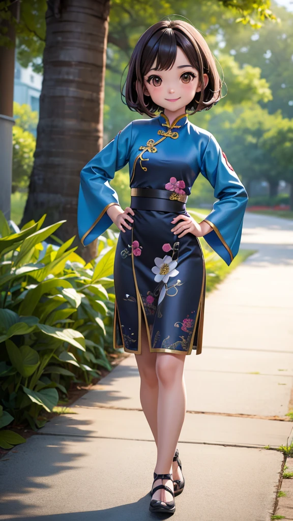 Girl mid hair Brown hair brown eyes Blue matching Smile confidently Correct limbs, black cheongsam, outdoor path background, hands on hips