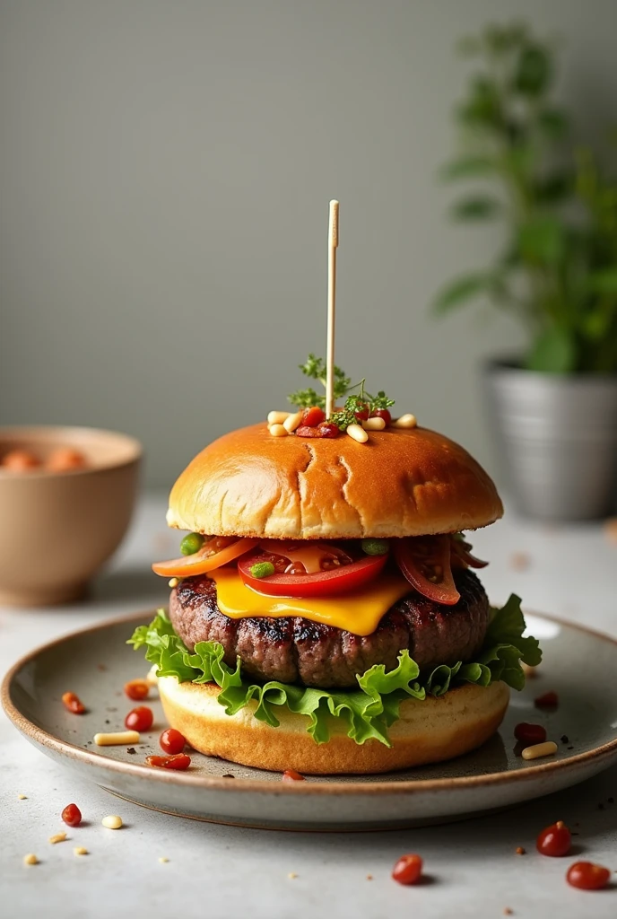 Take a picture of a tasty burger on a plate, no animals or humans