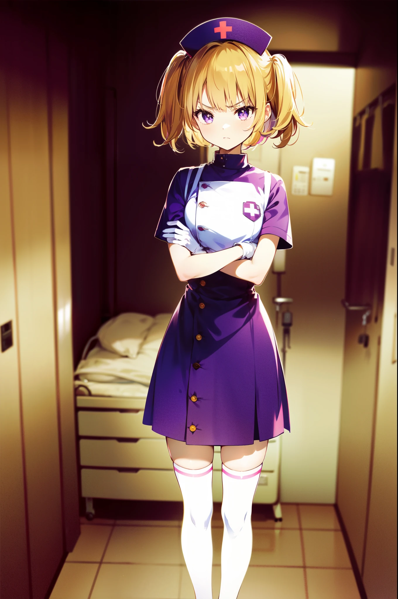 1girl, solo, nurse, nurse cap, white nurse uniform, ((white legwear, zettai ryouiki)), white gloves, twintails, yellow hair, purple eyes, angry, crossed arms, standing, ((hospital room)), sharp outline, short sleeves, best quality, masterpiece