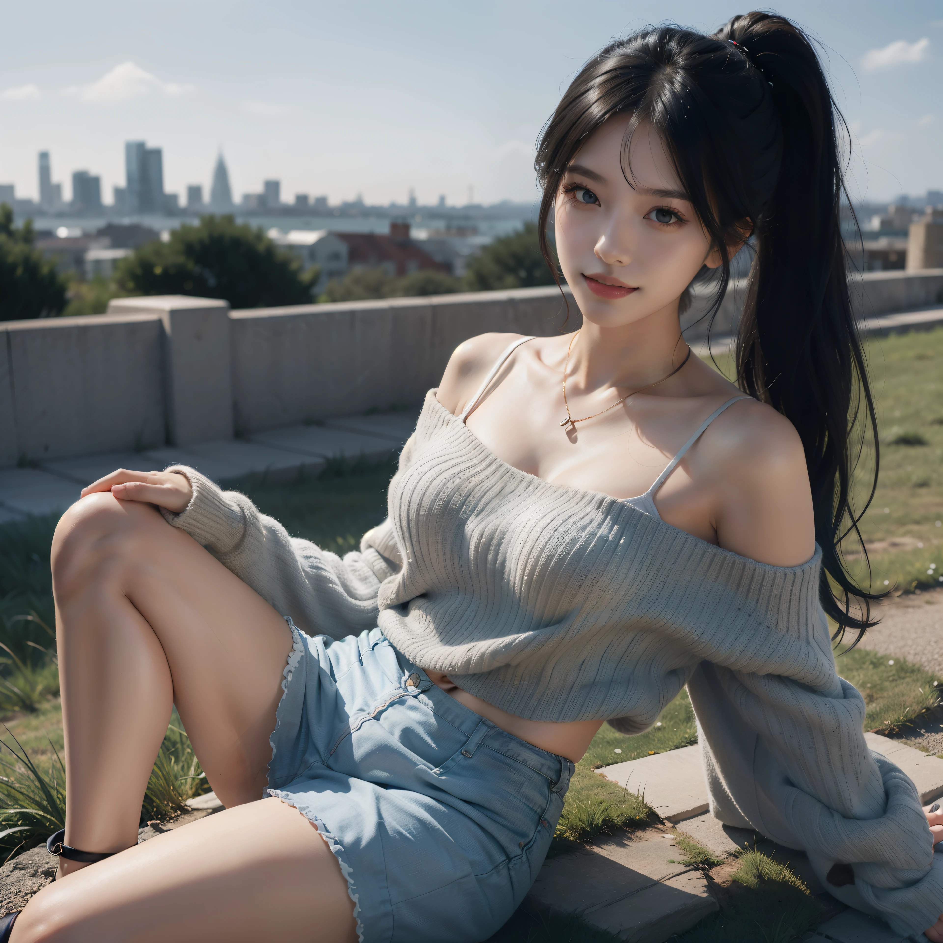 A digital illustration in anime style of a girl standing in a grassy field. She has long black hair styled in a ponytail and blue eyes. She is wearing an off-shoulder white sweater, a satin black pencil skirt, black high heels, and a delicate necklace. The image should be ultra-realistic and high resolution (8K), with a clear and sharp depiction. The girl is smiling, with beautifully structured features and stunning legs, looking directly at the viewer. The content should be highly detailed, with an exquisite and sublimely beautiful presentation. The background should include a cityscape, adding to the overall masterpiece quality of the illustration.